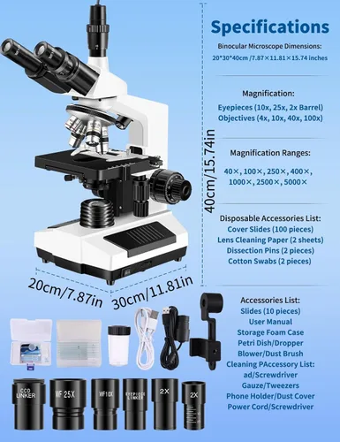 Vista 8 de Microscopios para adultos WF10x y WF25x Microscopio compuesto con portaobjetos de microscopio, kit de microscopios para niños, estudiantes, escuela