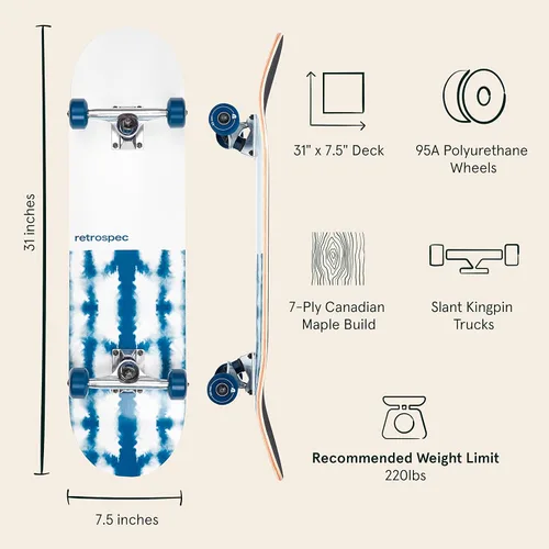 Vista 2 de Retrospec Alameda - Patineta completa Tablero de madera de arce canadiense con ejes de aleación de aluminio de 5.5 pulgadas para desplazamiento