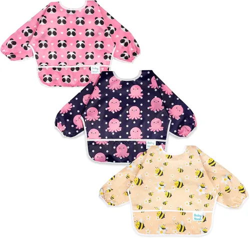 Vista 15 de Juego de baberos de manga larga de 3 piezas, baberos impermeables para bebés con bolsillo, babero para niños pequeños con mangas, bata resistente a