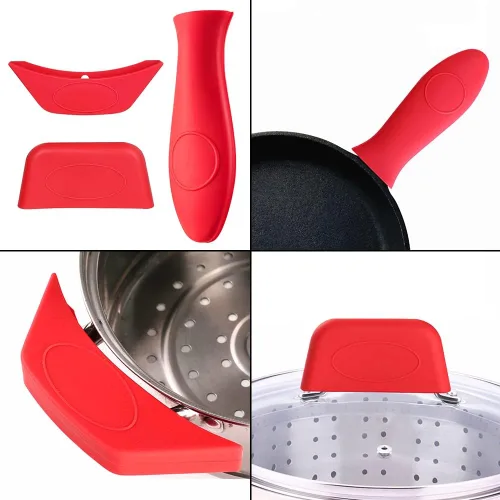 Vista 3 de Juego de 4 soportes de silicona para mango caliente, funda para mango de sartén caliente y alfombrilla de salvamanteles adecuados para sartenes