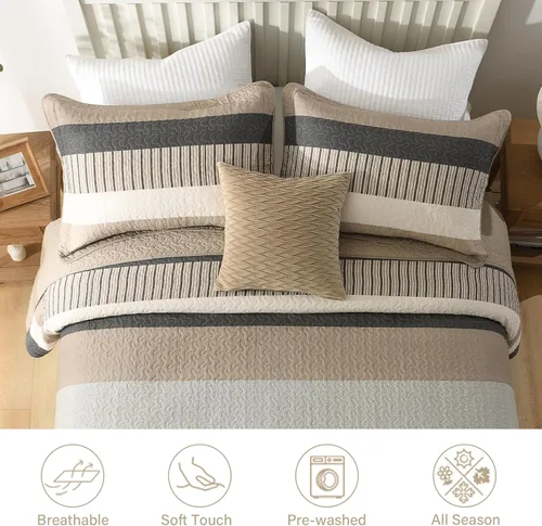 Vista 5 de Finlonte Colcha tamaño King, 100% algodón, colcha de gran tamaño King de tamaño King, color marrón carbón, beige, California King, acolchada, a