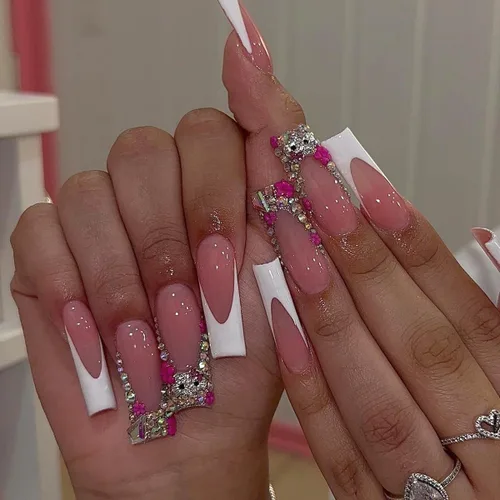 Vista 10 de 24 unidades de uñas postizas largas estilo ataúd CEWEWP con punta francesa marrón, uñas falsas rosas con pegamento, uñas falsas con diseños