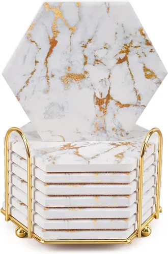 Juego de posavasos de mármol para protección de mesa, 8 posavasos con soporte de metal, decoración del hogar, posavasos de bar