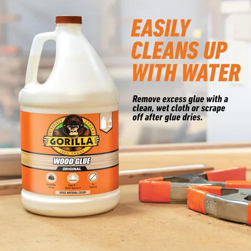 Vista 4 de Pegamento para madera Gorilla, color natural de madera, 1 galón (paquete de 1) - Resistente al agua para proyectos y reparaciones