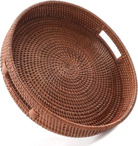 Vista 9 de HITOMEN 11.8" Hand-Woven Round Rattan Serving Tray Decorative Wicker Trays with Handles for Coffee Table (Warm Brown-M)