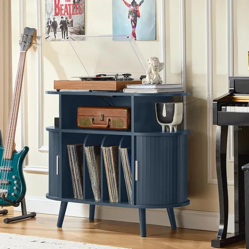 Vista 5 de LELELINKY Large Round Record Player Stand with Charging Station & Fluted Display Shelf, Blue Mid Century Modern Turntable Cabinet with Vinyl