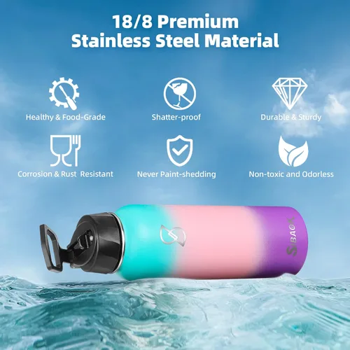 Vista 3 de Botellas de agua de 40 onzas, botella de agua aislada de acero inoxidable con popote, asa y 2 tapas, botellas de agua deportivas a prueba de fugas