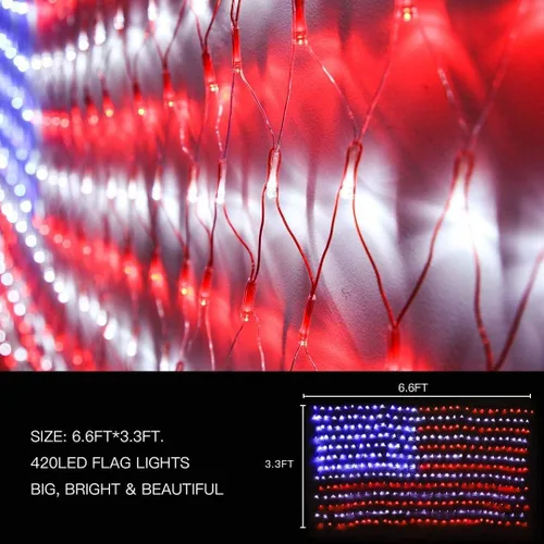 Vista 2 de (Nuevo) Luces de Bandera Estadounidense, Luces de Cadena para Exteriores 420 LED Impermeables, Luz de Red de Bandera LED, Adornos Patrióticos