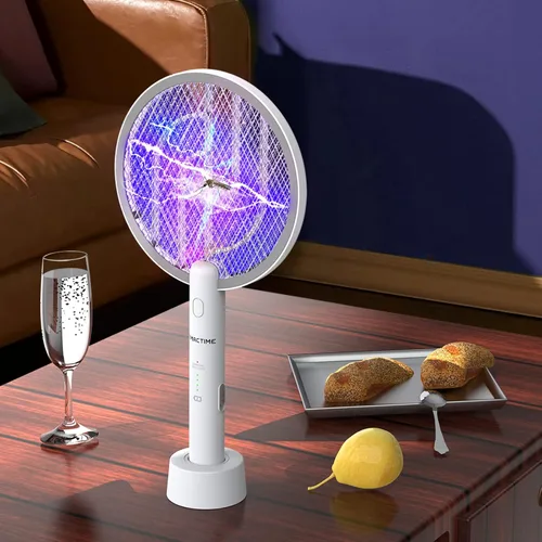 Vista 8 de TMACTIME - Matamoscas eléctrico 2 en 1, raqueta matamoscas de 4000 V con base recargable por USB, con malla de seguridad de 3 capas, adecuado