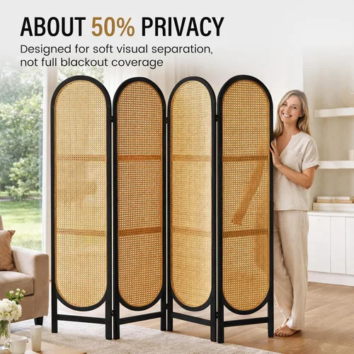 Vista 2 de Divisor de habitación de ratán arqueado de 5.6 pies, pantalla de privacidad plegable, 4 paneles independientes con bisagras dobles, divisor