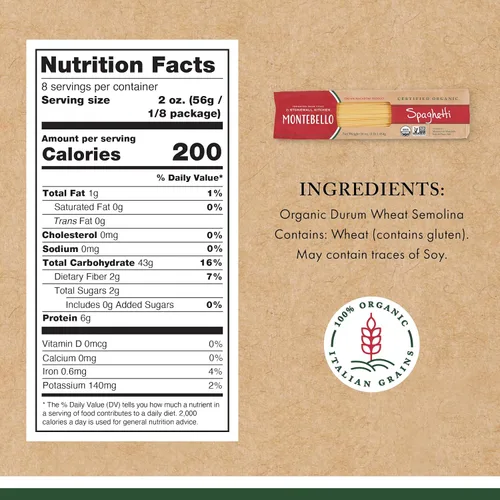 Vista 2 de Montebello Espaguetis orgánicos, macarrones italianos, bolsa de 16 onzas