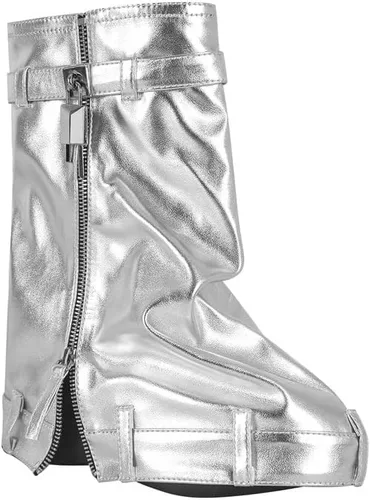 Vista 2 de Botas de mezclilla para mujer, con candado, plegables, hasta la rodilla, con cremallera, botas de mezclilla altas