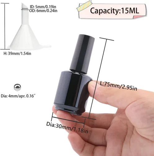 Vista 2 de Botellas vacías de esmalte de uñas de gel de 0.5 onzas líquidas, botellas vacías de esmalte de uñas con cepillo negro mate, botellas redondas opacas
