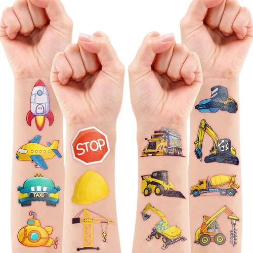 Vista 7 de Tatuajes temporales de construcción, suministros de fiesta de cumpleaños, decoraciones de 96 piezas de tatuajes, calcomanías de excavadora