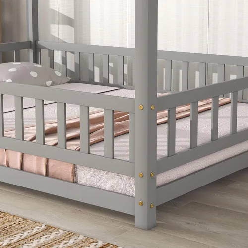 Vista 14 de Harper & Bright Designs Montessori - Cama doble individual, cama de suelo con rieles y techo, plataforma de madera maciza para niños, adolescentes
