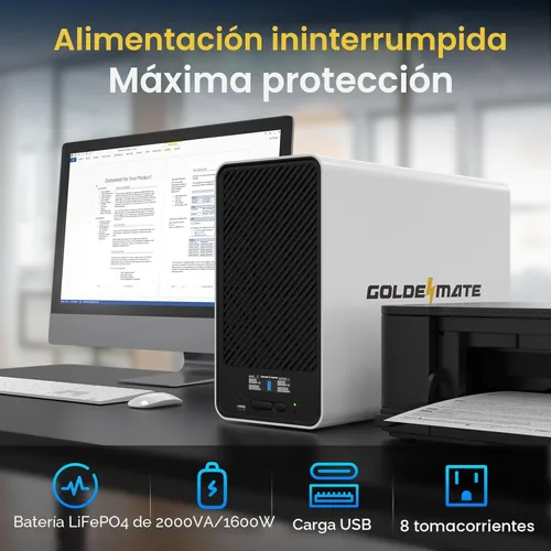 Vista 2 de GOLDENMATE 2000 VA/1600 W Batería de reserva de alimentación ininterrumpida (UPS) de litio y protector de sobretensiones, fuente de alimentación