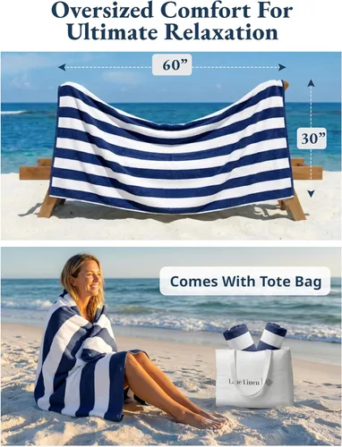 Vista 4 de LANE LINEN Juego de 4 toallas de playa, 100% algodón, rayas cabaña, de gran tamaño (30 x 60 pulgadas), secado rápido y altamente absorbentes