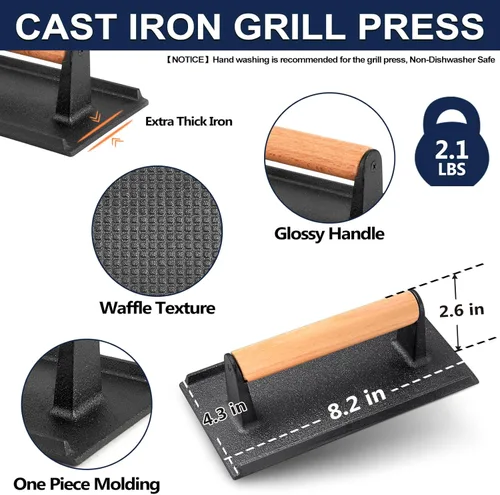 Vista 3 de Joyfair Cubierta de hilvanado con prensa de parrilla, cúpula rectangular de fusión de queso de 13 pulgadas y prensa de hamburguesa de hierro fundido