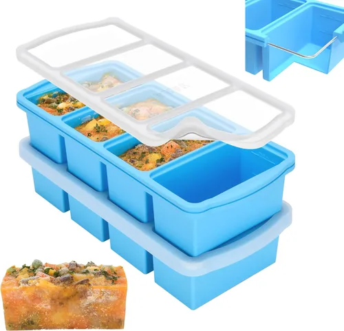 ZIP STANDING Bandejas de silicona para congelador con tapa, contenedor para sopa de 1 taza, moldes grandes para cubitos de hielo con anillo de acero