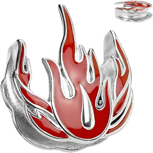Vista 2 de Pierced Owl Calibres de oreja de acero inoxidable 316L con llama roja, se venden como un par