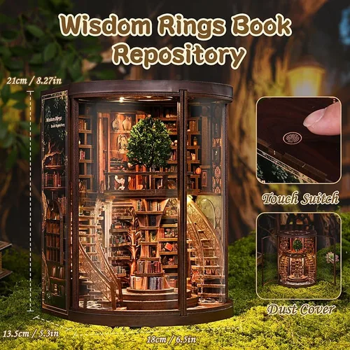 Vista 4 de Juego de anillos de sabiduría para adultos, kit de rincón de libros de madera 3D con luces LED, decoración de biblioteca de rompecabezas