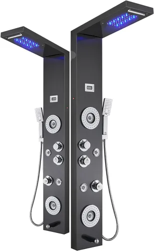 Vista 7 de ELLO&ALLO Sistema de panel de ducha, cabezal de lluvia LED y neblina, accesorios de baño de acero inoxidable con chorros de cuerpo LED, color negro