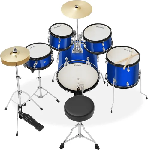 Vista 2 de Gammon Percussion Kit de batería de arranque junior de 5 piezas con platillos, hardware, palos y trono, color azul