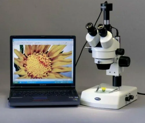 Vista 2 de Amscope Microscopio digital profesional de zoom estéreo trinocular SM-2TZ-M con ocular WH10x, aumento de 3.5X-90X, objetivo de zoom 0.7X-4.5X