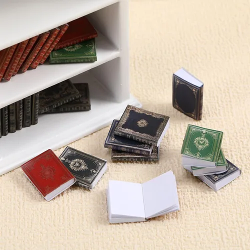 Vista 5 de Poen 27 piezas 1: 12 libros en miniatura para casa de muñecas y una estantería de madera de 4 pisos para casa de muñecas, accesorios de decoración