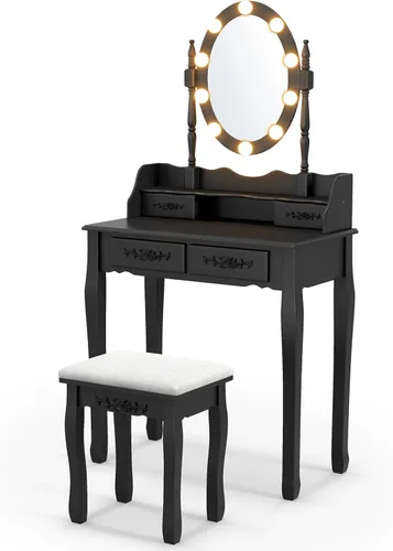 Vista 32 de CHARMAID Mesa de tocador para niñas con espejo iluminado y taburete, 10 luces LED regulables, 3 modos de iluminación de color, 4 cajones, mango