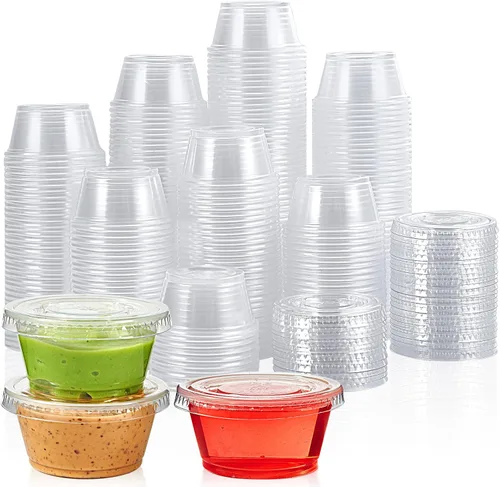 Vista 10 de Lilymicky 400 juegos de vasos de plástico desechables de 1 onza con tapas, pequeños recipientes de plástico para condimentos para salsa, vasos