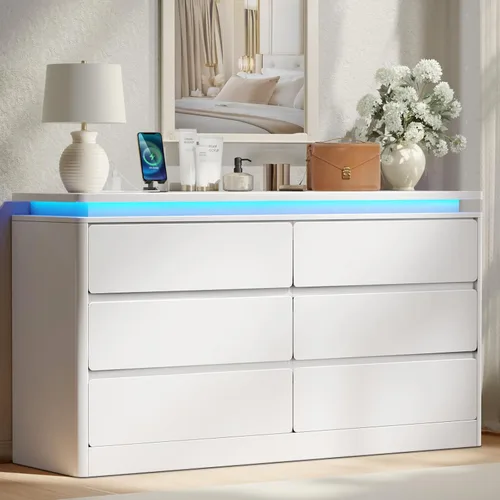Vista 9 de Cómoda de 9 cajones para dormitorio, cómoda negra de 63 pulgadas de largo con estación de carga y luces LED, diseño curvado anticolisión, gabinete
