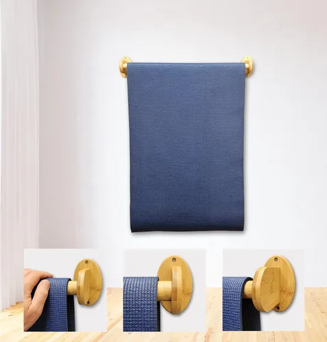 Vista 4 de Bamboo Wooden Towel Rack Bar Wall Mount Yoga Mat Drying Holder Storage Bathroom Kitchen Studio Spa Shower Gym Pool Equipment Exercise Fitness