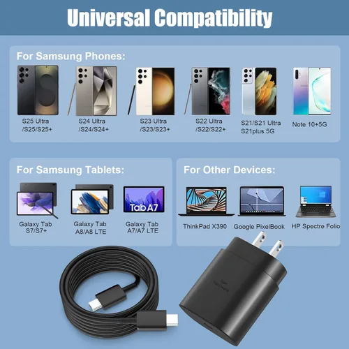 Vista 5 de Cargador súper rápido tipo C, bloque de cargador de pared rápido USB C de 25 W y cable de carga rápida súper largo de 8 pies para Samsung Galaxy
