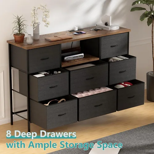 Vista 7 de VASICAR Cómoda Negra con Luces LED y Tomas de Corriente, Soporte de TV Cómoda con 8 Cajones para TV de 55", Cajonera de Tela para Dormitorio, Sala