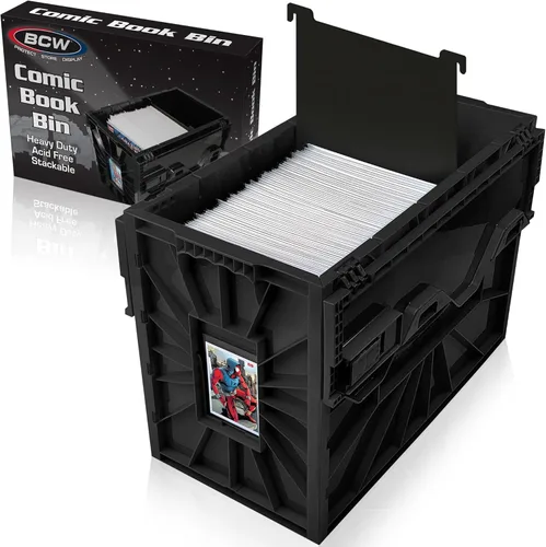 BCW Contenedor de historietas, Negro - Capacidad para 150 cómics, Almacenamiento y organizador sin ácidos, Plástico resistente, Apilable, Incluye