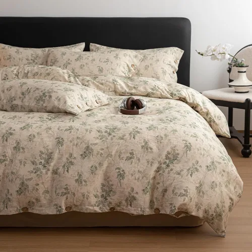 Vista 17 de Juego de funda de edredón de lino de algodón, tamaño individual, juego de ropa de cama con estampado botánico, 3 piezas, funda de edredón suave