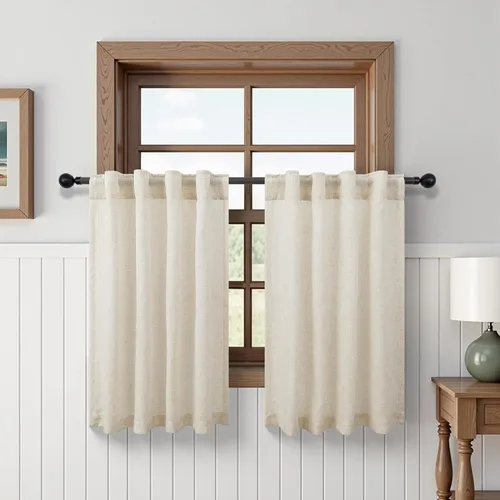 Vista 29 de Cortinas de lino crema de 102 pulgadas de largo para sala de estar, dormitorio, 2 paneles con bolsillo con pestaña trasera, filtro de luz, cortina