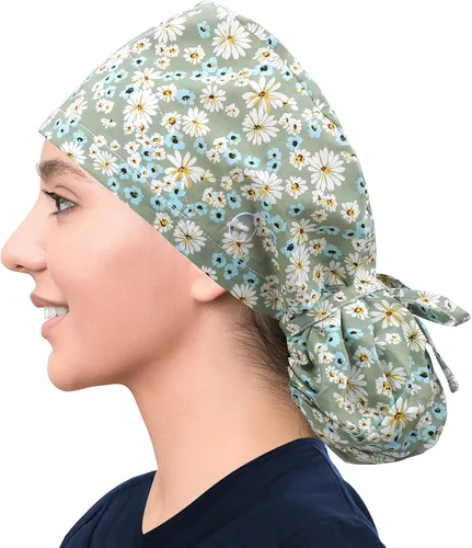 Vista 36 de Gorra médica con forro de satén con bolsillo para cola de caballo, gorro de enfermera médica de algodón con banda elástica para el sudor