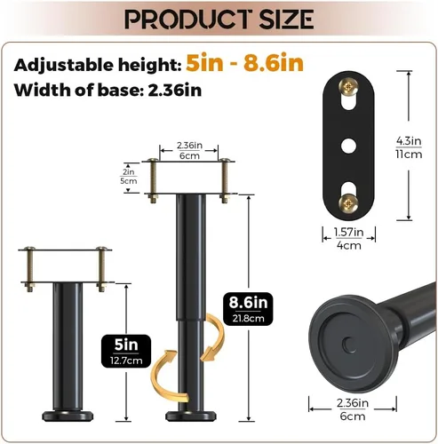 Vista 2 de 2 patas de soporte de marco de cama de altura ajustable, patas de soporte de marco de cama de acero extra resistentes con base de goma más ancha