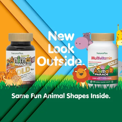 Vista 2 de Natures Plus Animal Parade Source of Life Gold Multivitamínico masticable para niños, varios sabores de cereza, naranja y uva, 60 tabletas