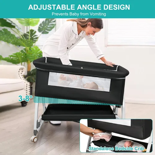 Vista 5 de VOOI Moisés para bebé junto a la cama, moisés mecedor 3 en 1 para bebé, moisés junto a la cama con ruedas, altura ajustable, cesta