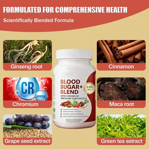 Vista 5 de Fórmula de equilibrio sanguíneo, que contiene canela, cromo y ginseng, ingredientes totalmente naturales, sin OMG, 60 cápsulas