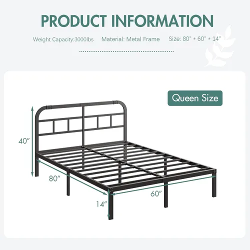 Vista 2 de ZIYOO Cama Queen Fame con cabecero, base de cama de plataforma resistente de 14 pulgadas, no necesita somier, sin ruido, espacio de almacenamiento