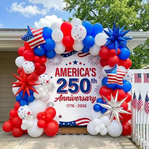 Decoraciones para el día de los veteranos con kit de guirnalda de globos rojos, blancos y azules y globos de aluminio con estampado de estrellas de