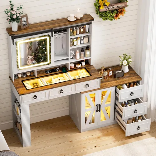 Vista 9 de Lvifur Tocador de Estilo Granja con Espejo Deslizante y Luces, Mesa de Tocador con Superficie de Cristal y Almacenamiento de Joyas, Juego de Tocador