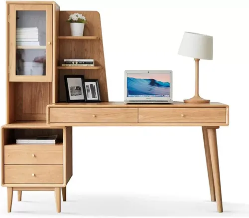 Escritorio de oficina 3 en 1 de madera maciza con gabinete y estantería, escritorio de computadora de oficina en casa con cajón, para sala de estar,