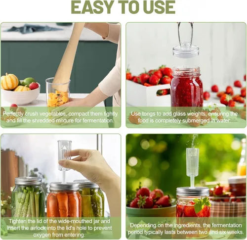 Vista 5 de Kit de fermentación para tarros de boca ancha - 4 tapas de fermentación de acero inoxidable, 4 pesas de fermentación de vidrio, 1 pinza de silicona