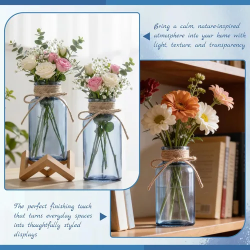 Vista 7 de Jarrones de cristal para centros de mesa, jarrones cilíndricos bohemios en tarros de masón a granel para bodas, fiestas de granja y decoración Azul