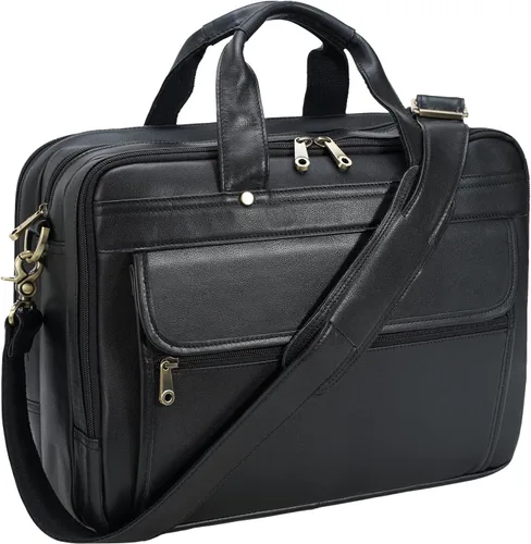 Polare Natural Napa Leather 16'' Black Business Briefcase Laptop Messenger Bag for Men with YKK Zippers